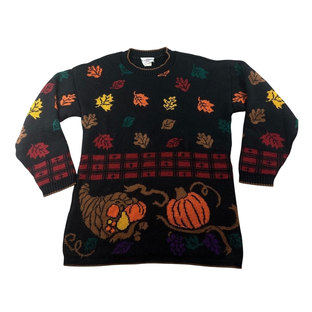 JE Pierce Sweater Men S Black Fall Leaves Pumpkin Cornucopia USA Made Harvest